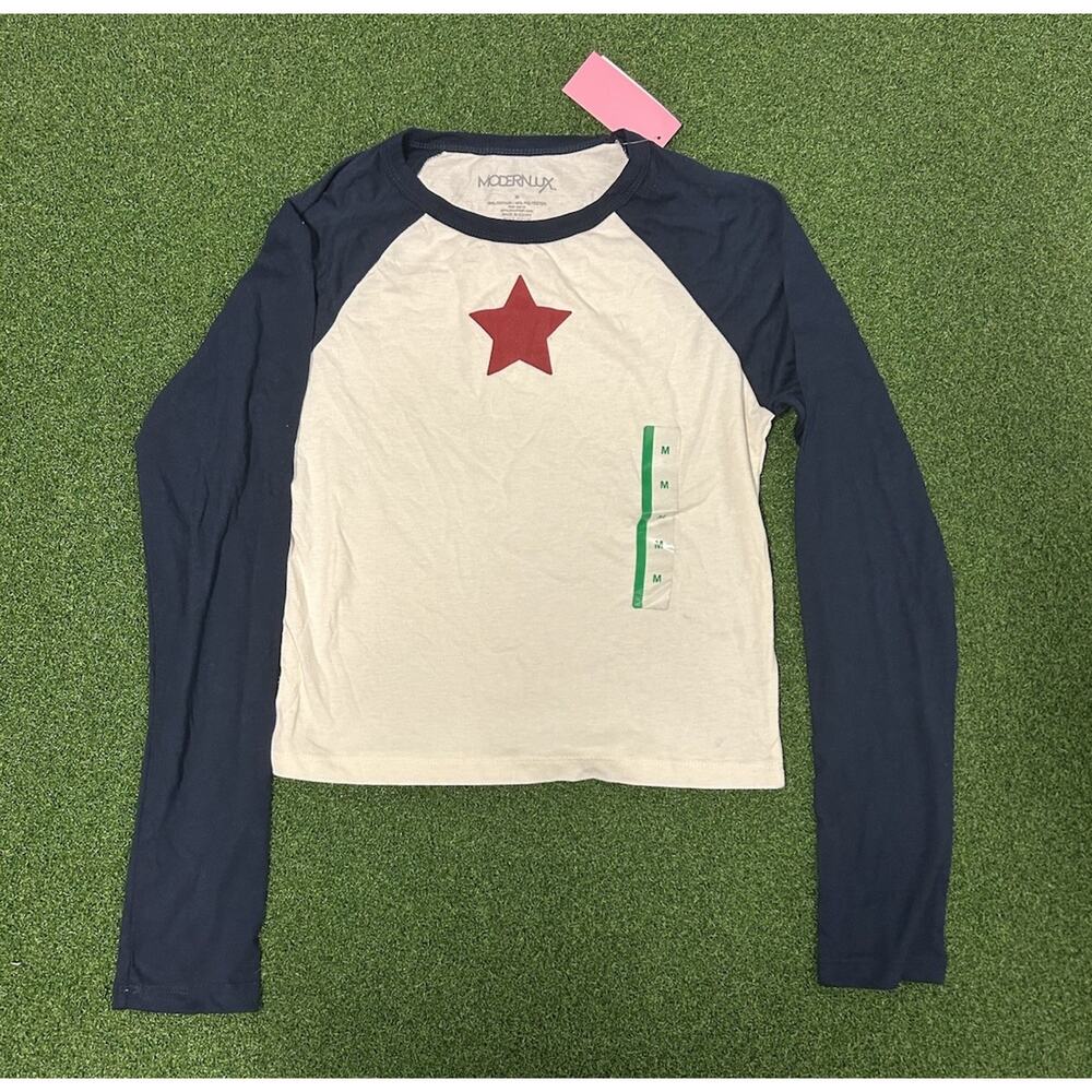 Modernlux Raglan Tee Large White/Navy Star Print Crew neckline Cotton/Polyester